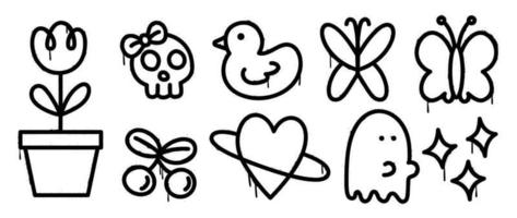 Set of graffiti spray pattern vector illustration. Collection of spray texture flower, cherry, skull, heart, butterfly, duck, ghost. Elements on white background for banner, decoration, street art.