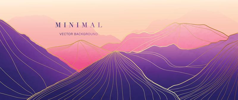 Mountain and golden line arts background vector. Luxury scenery landscape background with watercolor brush and gold line texture. Abstract art wallpaper design for print, wall art and home decor.
