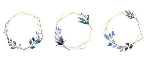 Set of luxury wedding frame element vector illustration. Watercolor leaf branch with golden polygonal frame and brush stroke texture. Design suitable for frame, invitation card, poster, banner.