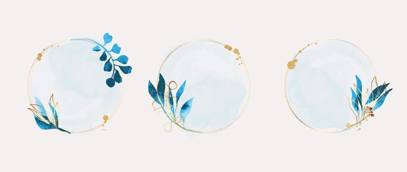 Set of luxury wedding frame element vector illustration. Watercolor and golden leaf branch with circle frame and brush stroke texture. Design suitable for frame, invitation card, poster, banner.