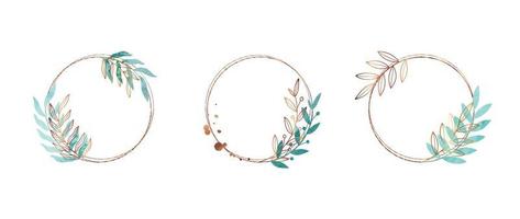 Set of luxury wedding frame element vector illustration. Watercolor and golden leaf branch wreath with circle frame and brush stroke. Design suitable for frame, invitation card, poster, banner.