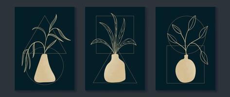 Set of abstract botanical wall arts vector illustration. Gold leaf branch and vase with geometric line art on dark background. Design suitable for wallpaper, home decor, cover, card, poster, banner.