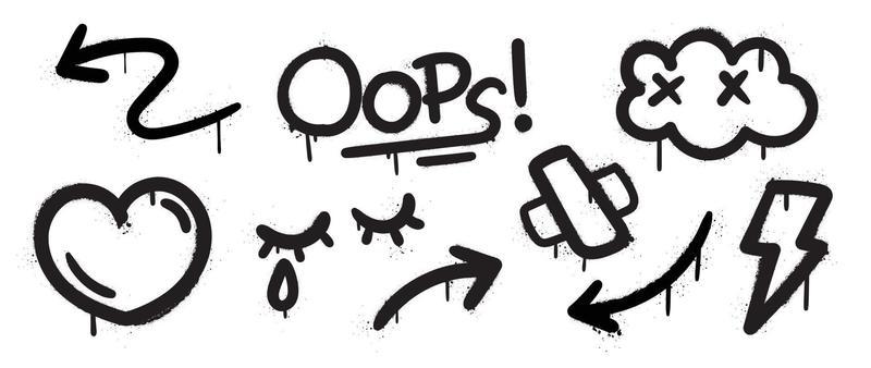 Set of graffiti spray pattern vector illustration. Collection of spray texture arrow, heart, tear drop, cloud, lightning bolt, plaster. Elements on white background for banner, decoration, street art.