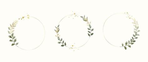 Set of luxury wedding frame element vector illustration. Watercolor and golden leaf branch with circle frame and brush stroke texture. Design suitable for frame, invitation card, poster, banner.