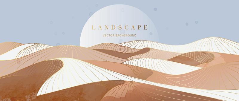 Mountain and golden line arts background vector. Luxury scenery landscape background with watercolor brush and gold line texture. Abstract art wallpaper design for print, wall art and home decor.