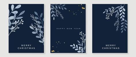 Set of christmas and happy new year holiday card vector. Decorative element of watercolor holly, mistletoe and pine leaf branch with gold droplet. Design illustration for cover, banner, card, poster. vector