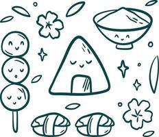 imágenes prediseñadas de la colección de comida asiática. ilustración de dango, arroz, sushi y sakura vector