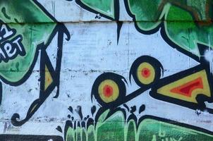 Fragment of graffiti drawings. The old wall decorated with paint stains in the style of street art culture. Colored background texture in green tones photo