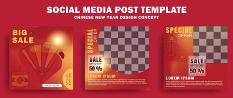 set of social media post template for lunar new year perfect for boost your product or services promotion sales. Editable square banner template. Design template vector