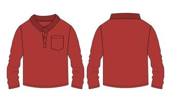 Long sleeve Polo shirt with pocket technical fashion flat sketch vector illustration template front and back views.