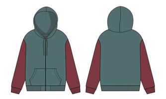 Long sleeve hoodie technical fashion flat sketch Drawing vector illustration template front and back view.