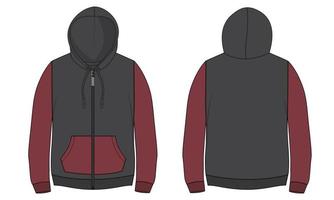 Long sleeve hoodie technical fashion flat sketch Drawing vector illustration template front and back view.