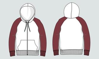 Long sleeve hoodie technical fashion flat sketch Drawing vector illustration template front and back view.