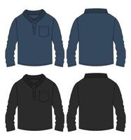 Long sleeve Polo shirt with pocket technical fashion flat sketch vector illustration template front and back views.