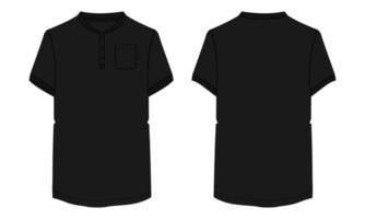 camiseta de manga corta con vistas frontales y traseras de la plantilla de ilustración vectorial de boceto plano de moda técnica de bolsillo. vector