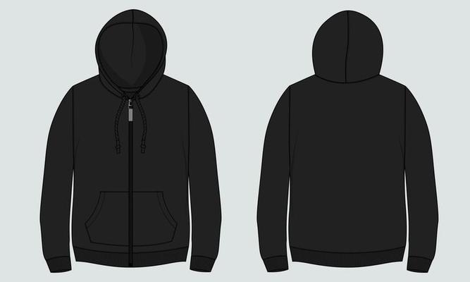 Long sleeve hoodie technical fashion flat sketch Drawing vector illustration template front and back view.