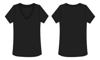 Plantilla de vector de dibujo técnico de camiseta de manga corta con cuello en V para mujer. vista frontal y posterior.