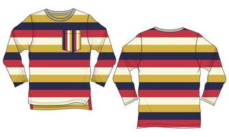 Long Sleeve T shirt with Yarn dyed Stripe All Over Body Technical Fashion Flat sketch Vector Illustration Template Front And Back Views.