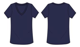 Plantilla de vector de dibujo técnico de camiseta de manga corta con cuello en V para mujer. vista frontal y posterior.