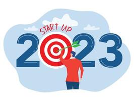 Businessman  target  button to start up new business in 2023 goals to sucess vector illustrator