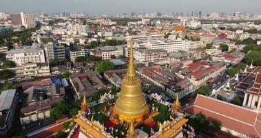 An aerial view of the Golden Mount stands prominently at Saket Temple, The most famous tourist attraction in Bangkok, Thailand video