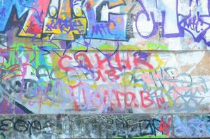 Fragment of graffiti tags. The old wall is spoiled with paint stains in the style of street art culture photo