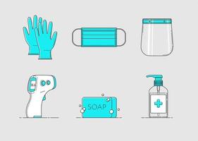 Isolated vector set of PPE icon in flat style with outline. Sterile medical nitrile gloves, mask, face shield, non-contact infrared thermometer, soap, antibacterial alcohol hand gel, sanitizer