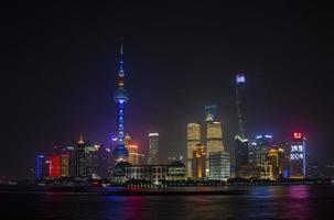 Panoramic picture of skyscrapers of Pudong district from the Bund in Shanghai at night in winter photo