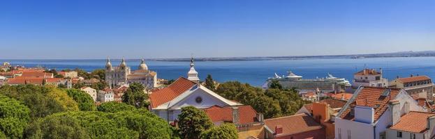 Panoramic view on cruise terminal of Lisbon with church of Sao Vicente of Fora in summer photo