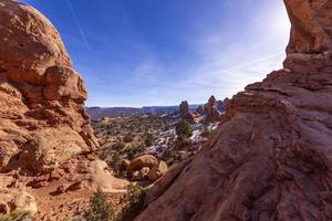 Panoramic picture of natural and geological wonders of Arches national park in Utah in winter photo