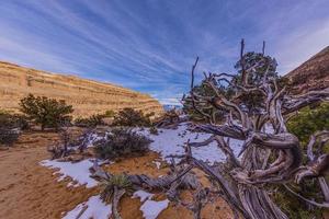 Panoramic picture of natural and geological wonders of Arches national park in Utah in winter photo