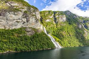 View on Friarfossen waterfall in Geiranger fjord from cruise ship in summer photo