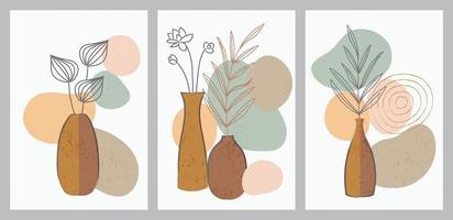 conjunto de vectores botánicos de arte de pared. Dibujo de arte de línea floral y follaje con forma abstracta. Diseño de arte abstracto de plantas para impresión, portada, papel tapiz, arte de pared minimalista y natural. ilustración vectorial.