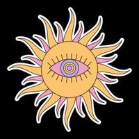 Groovy psychedelic sun sticker with eye. Cartoon hippie print for graphic tee. Abstract trippy art vector