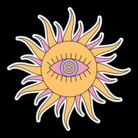 Groovy psychedelic sun sticker with eye. Cartoon hippie print for graphic tee. Abstract trippy art vector