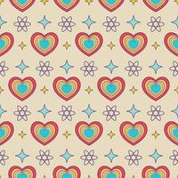 Groovy heart shape seamless pattern. Retro y2k nostalgic 90s square banner on a beige background vector