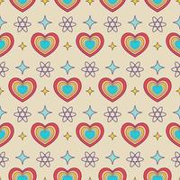 Groovy heart shape seamless pattern. Retro y2k nostalgic 90s square banner on a beige background vector