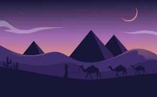 Landscape illustration of Ramadan kareem with silhouette of pyramid, camel and cactus in desert vector