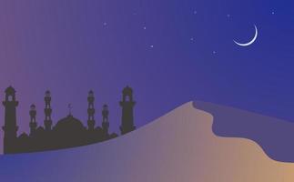 Landscape illustration of awal Ramadan kareem with silhouette of mosque in desert vector