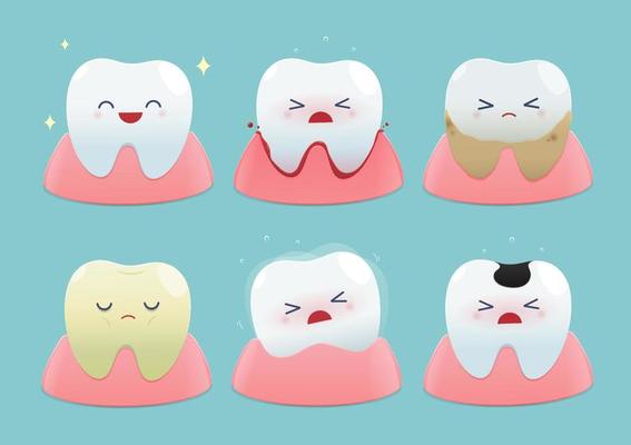 Set of cute little teeth on blue background
