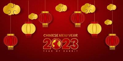 feliz año nuevo chino 2023 año de fondo de conejo. plantillas de tarjetas de regalo festivas con elementos de diseño 3d realistas. pancartas, carteles web, volantes y folletos, tarjetas de felicitación. vector