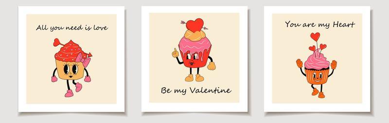Set of Valentine's day cards with Set of three Retro cupcake 30s cartoon mascots characters -. 40s, 50s, 60s old animation style.Valentine's Day cupcake style vector. Happy, smile emotions.