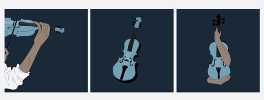 conjunto de tres ideas de afiches para eventos musicales, con símbolos del instrumento de violín. pancarta, volante, invitación, boleto o pancarta publicitaria con violín abstracto. ilustración vectorial plana. vector