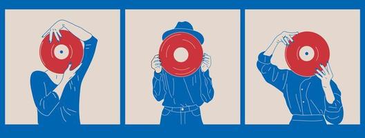 la chica sostiene un viejo disco de vinilo en sus manos. estilo de moda retro de los años 80. conjunto de tres ilustraciones vectoriales dibujadas a mano en azul y rojo. póster, impresión, plantillas de logotipo vector