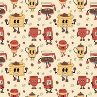 Seamless pattern with set Retro  coffee 30s cartoon mascot character -. 40s, 50s, 60s old animation style. vector