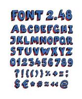 Blue English font. Vector. Linear, contour letters. Volumetric figures, symbols. Font for ingenious design projects. Full set of letters and numbers. Latin color letters. vector