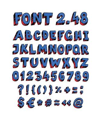 Blue English font. Vector. Linear, contour letters. Volumetric figures, symbols. Font for ingenious design projects. Full set of letters and numbers. Latin color letters.