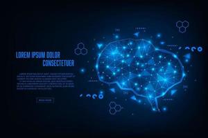 concepto de hardware de inteligencia artificial vectorial. cerebro de holograma de conexión brillante de luz azul. fondo abstracto de tecnología.
