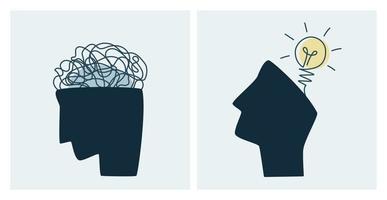 Finding solution concept. Human heads with confused thoughts and ideas inside. Set of brain process illustrations. Mental health and psychology vector concept.  Growth mindset skills illustration