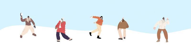 People play snowballs fun game in winter snow landscape vector illustration. Cartoon friend characters playing outdoors, enjoying frost cold weather. Winter healthy activity concept.